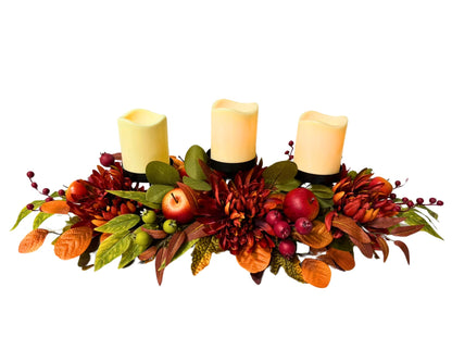 Svndlyn Fall Thanksgiving 3 Candle Holders Centerpiece Harvest Table Centerpiece Decor with Red Chrysanthemum Berries Apple Pomegranate Maple and Eucalyptus Leaves for Thanksgiving Autumn Harvest