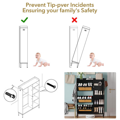Shoe Storage Cabinet with 3 Flip-Down Doors, Rattan & Metal Frame Organizer, Adjustable Shelves, Narrow Freestanding Rack for Entryway Hallway, Tool-Free Assembly, Modern Farmhouse Decor, Black