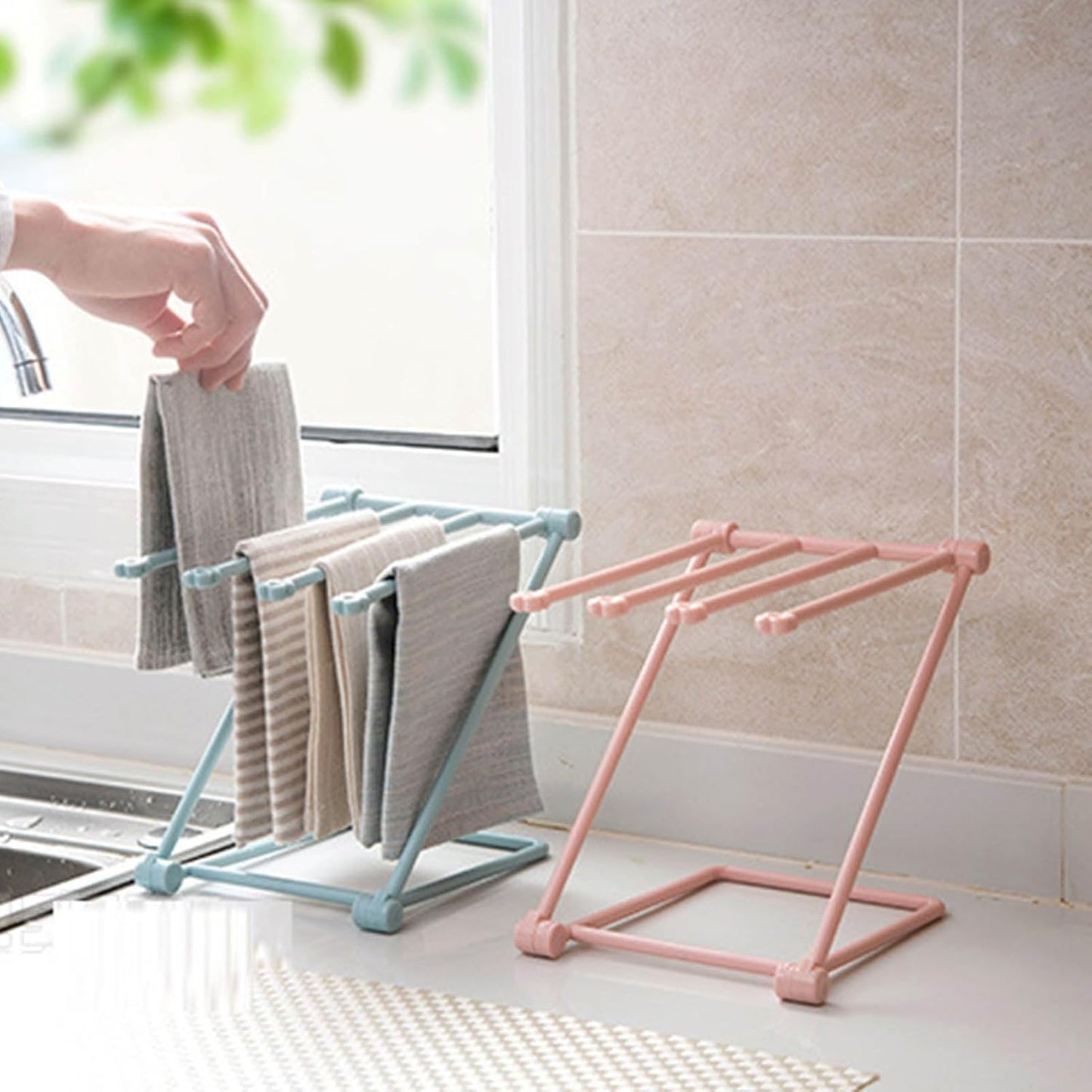 Countertop Dishcloth Drying Rack, 4 Arms Folding Holder for Kitchen Rag Storage, Vertical Stand (Light Pink)