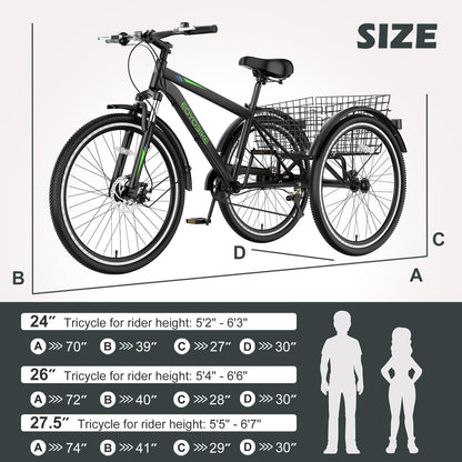 H&ZT Adult Tricycle, 3 Wheeled Bike, Trike Cruiser Bike, with 7-Speed Gear, Parking Brake Handle, Low Step, Large Rear Basket, Elderly Friendly, for Men, Women, and Teens