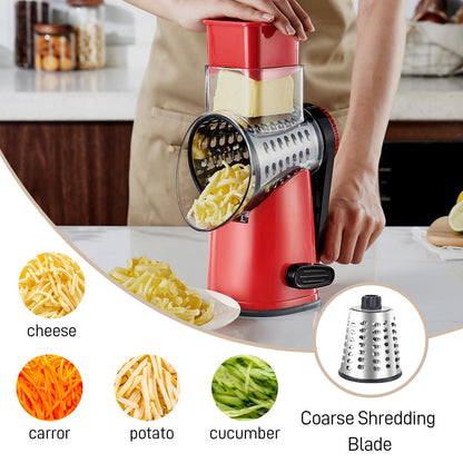Weltonhm Rotary Cheese Graters with 4 Blades, Large Hand Crank Cheese Grater with Waffle Slicer, Red Cheese Shredder with Suction Base, Easier for Shredding & Grating (Red and black, 4 Graters)