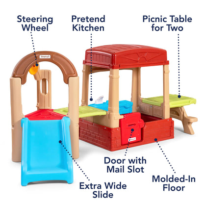 Simplay3 Sunny Slide and Climb Picnic Playhouse - Indoor or Outdoor Backyard Playset for Kids with Kitchen, Picnic Table, Toddler Slide, Working Door, Kids Ages 18 Months to 6 Years