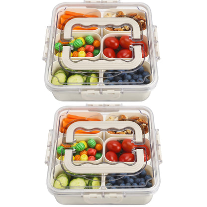Divided Serving Tray with Lid and Handle, Portable Snack Box Container, 6 Compartments Veggie Fruit Snackle Tray, Charcuterie Platter Container for Party, Nuts, Snacks, Picnic,2 Pack, MEDIUM SIZE
