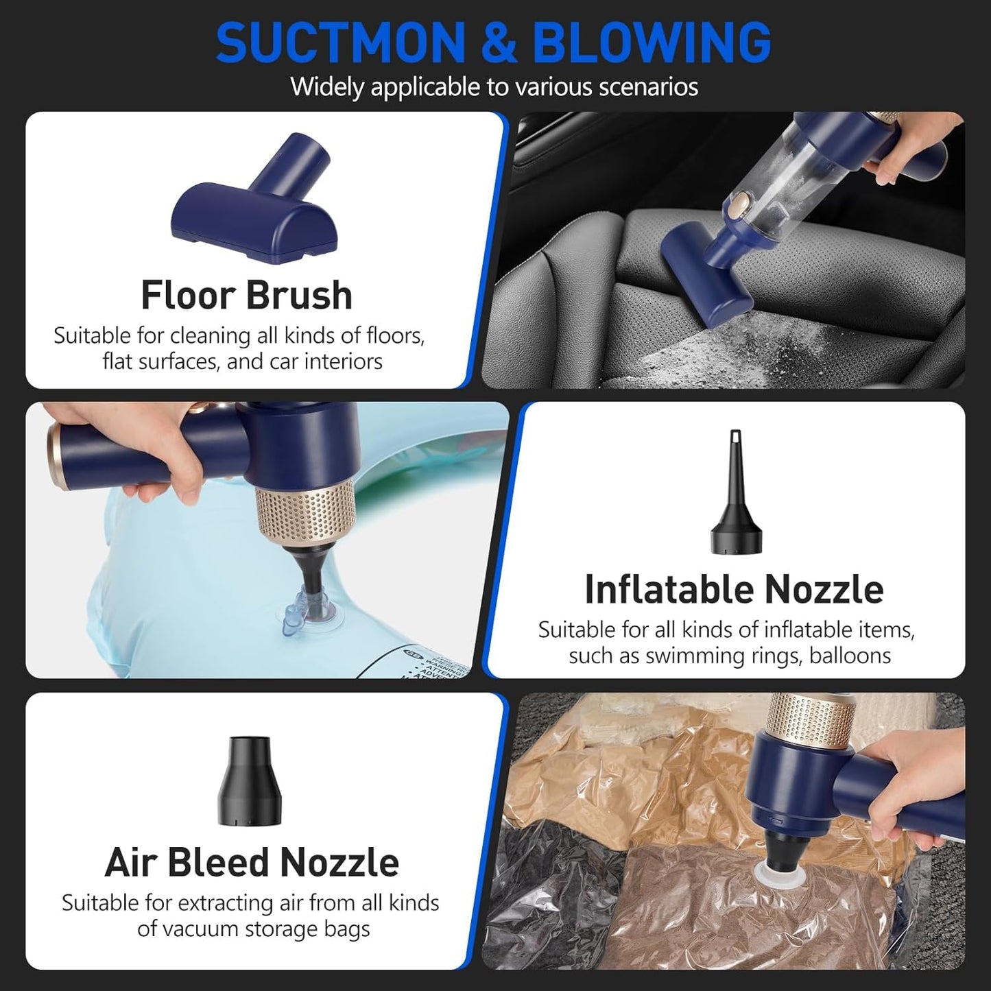 Portable Cordless Car Vacuum Cleaner - 15000 Pa Vacuum & Air Duster, Handheld with LED Light & Multi-Nozzles