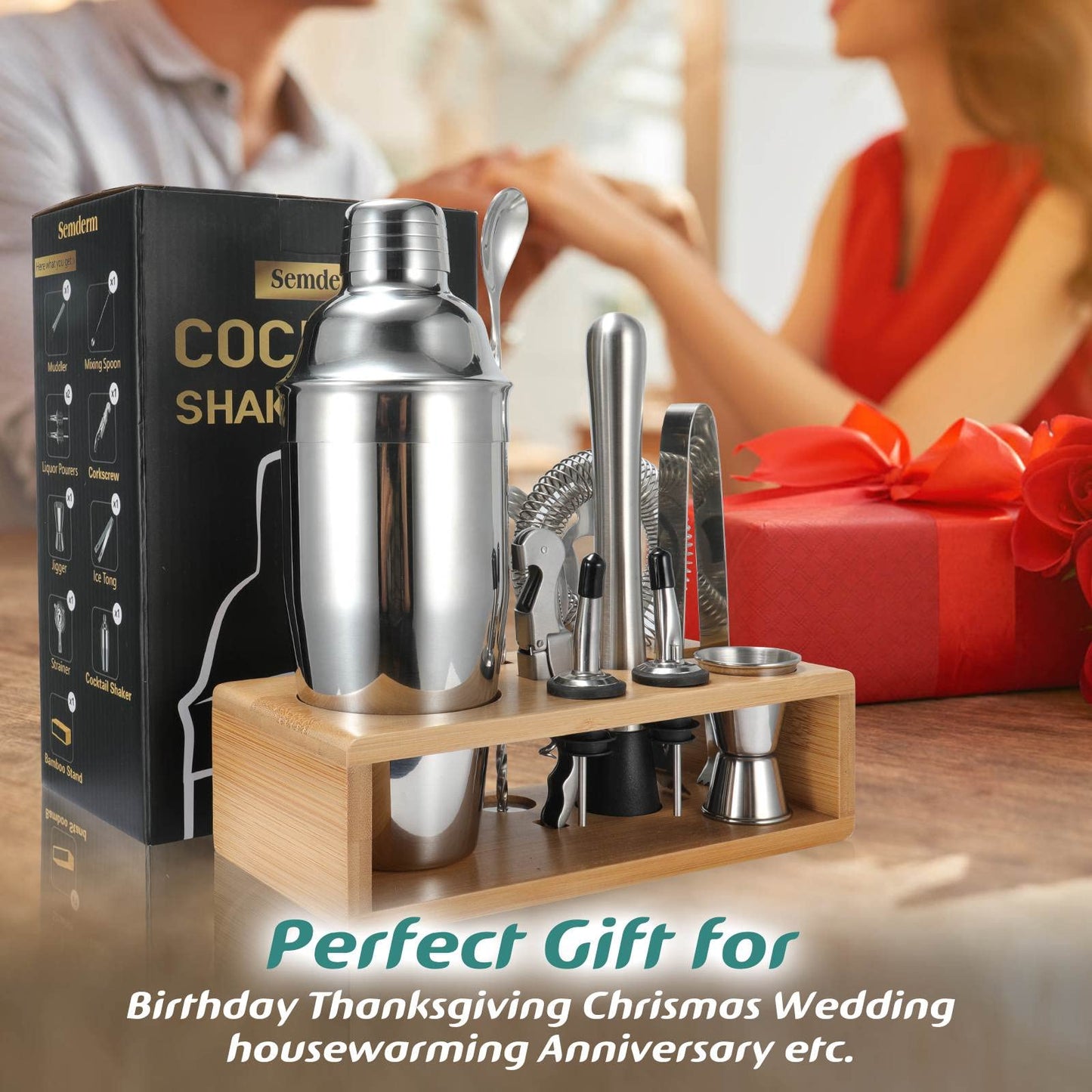 Cocktail Shaker Set, 18/8 Food-Grade Stainless Steel Mixology Bartender Kit 10-Piece Bar Tools with Stylish Bamboo Stand - Rust-Proof & Dishwasher Safe - Professional Martini Shaker Gift for Men, Dad