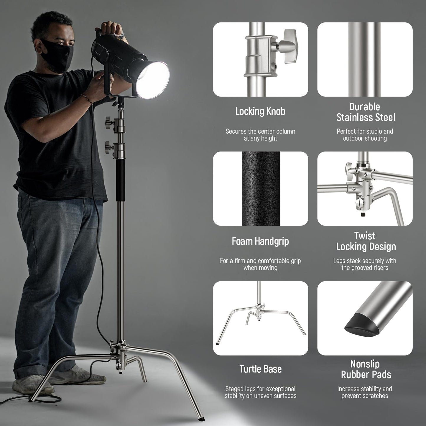 NEEWER Heavy Duty Light Stand, Metal 11.15ft/3.4m Adjustable Photography C Stand Tripod with Boom Arm Built in Spring Cushion 1/4" Screw for Studio LED Lights, DSLR Camera, Max Load: 22lb/10kg, Black