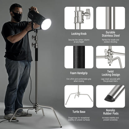 NEEWER Heavy Duty Light Stand, Metal 11.15ft/3.4m Adjustable Photography C Stand Tripod with Boom Arm Built in Spring Cushion 1/4" Screw for Studio LED Lights, DSLR Camera, Max Load: 22lb/10kg, Black