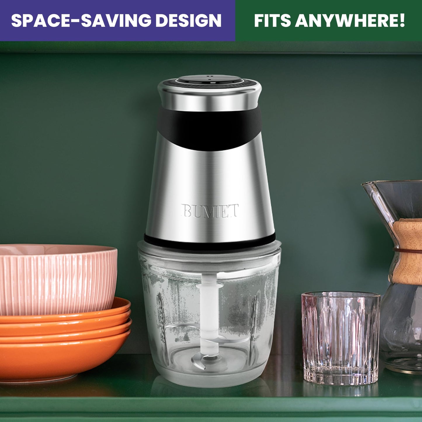 BUMET Electric food processor vegetable chopper 500W one 2.5cup bowl one bi-layer 4 blades Mini Food chopper for home use,Mincing, and Puree for kitchen aid, baby foot