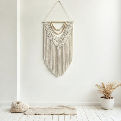 guzhiou Macrame Wall Hanging Boho Geometric Woven Tapestry Cotton Handmade Bohemian Art Decor with Wood Bead Wall Decor for Bedroom Living Room Apartment Nursery 31.5" L x 17" W (Wood bead-B)
