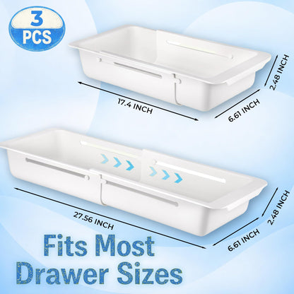 Kirosy 3-Pack Expandable Drawer Organizer for Deep Drawers, Adjustable Storage Tray (17–27 in), Durable PP Smooth Glide Divider for Kitchen, Vanity & Office, Space-Saving Design