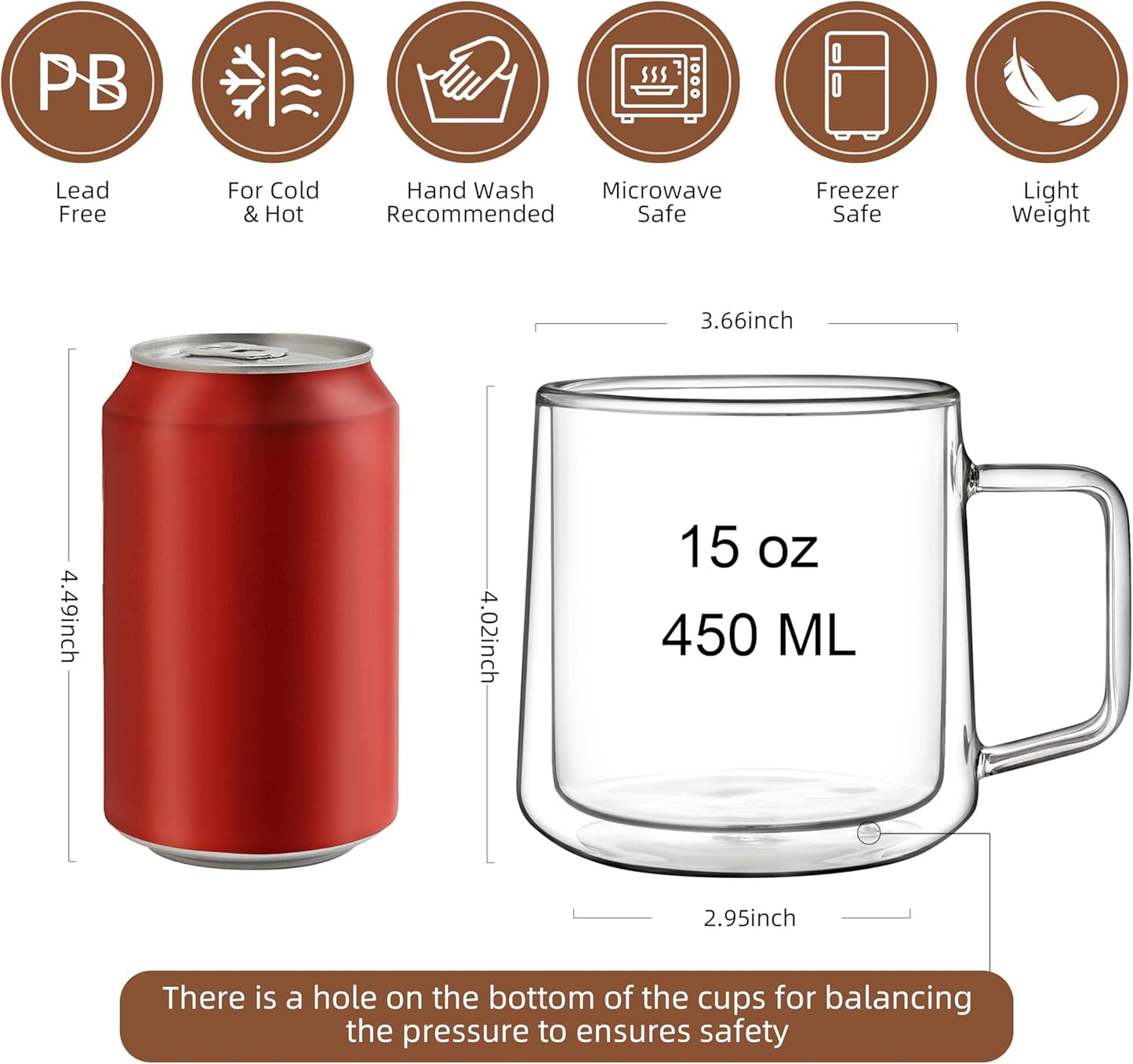 15oz(4-pack) CNGLASS Double Walled Glass Coffee Mugs,Large Insulated Glass Mugs with Handle,Clear Coffee Cups