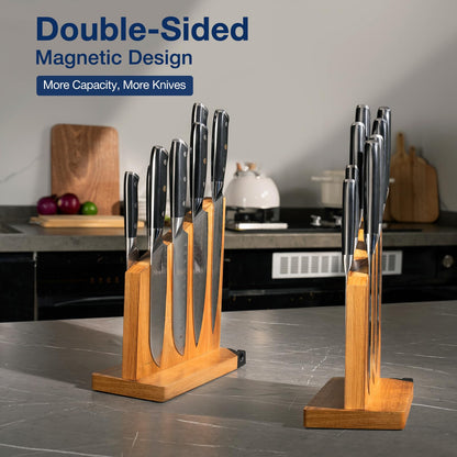 Gourmetop Magnetic Knife Holder with Built-in Sharpener, 100% Acacia Wood Magnetic Knife Block without Knives, Strong Double-Sided Magnetic Knife Holder for Kitchen Countertop Organization, Light Wood