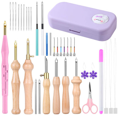 37Pcs Punch Needle Kit for Beginner,Complete Set Includes Wooden Handle Punch Needle Tools in Various Sizes & Storage Case,Perfect for Crafting and Gift(Purple)