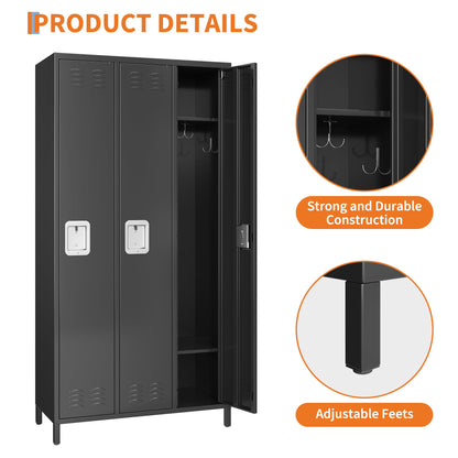 PioneerWorks 3-Door Metal Storage Locker with 9 Hooks, Heavy Duty Steel Locker for Gym, School, Office, Garage, Employee Locker Room, Home Organization, Black, Assembly Required
