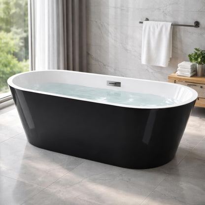 59" Free Standing Tub, Acrylic Soaking Bathtub, Stand Alone Freestanding Tub with Matte Sliver Drain and Overflow, Contemporary Bathtub for Bathroom, Black