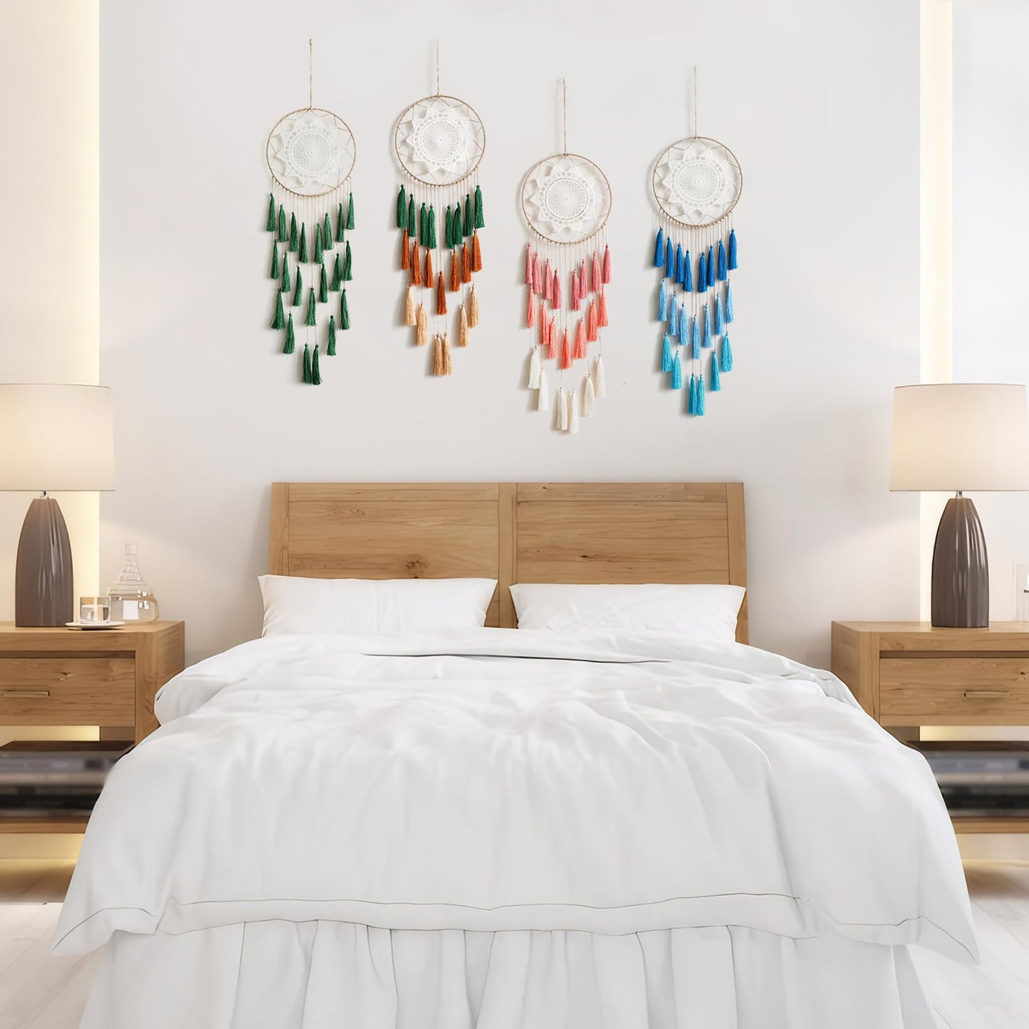 Artilady Macrame Dream Catchers for Bedroom - Tassel Wall Hanging Handmade Dreamcatchers Home Decor with Tassel Feather Ornament Craft Blessing Gift (Green Mix)