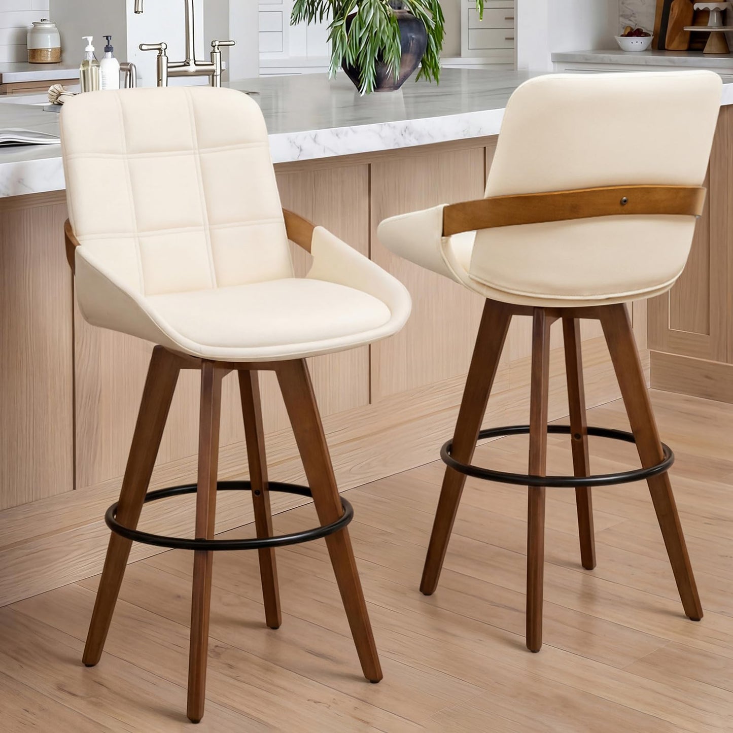Mid Century Modern Swivel Bar Stools Set of 2, 29” Bar Height, Upholstered Faux Leather Seat with Curved Bentwood Back & Arms, Solid Bamboo Legs with Walnut Finish, Kitchen Island Bar Chairs, Beige