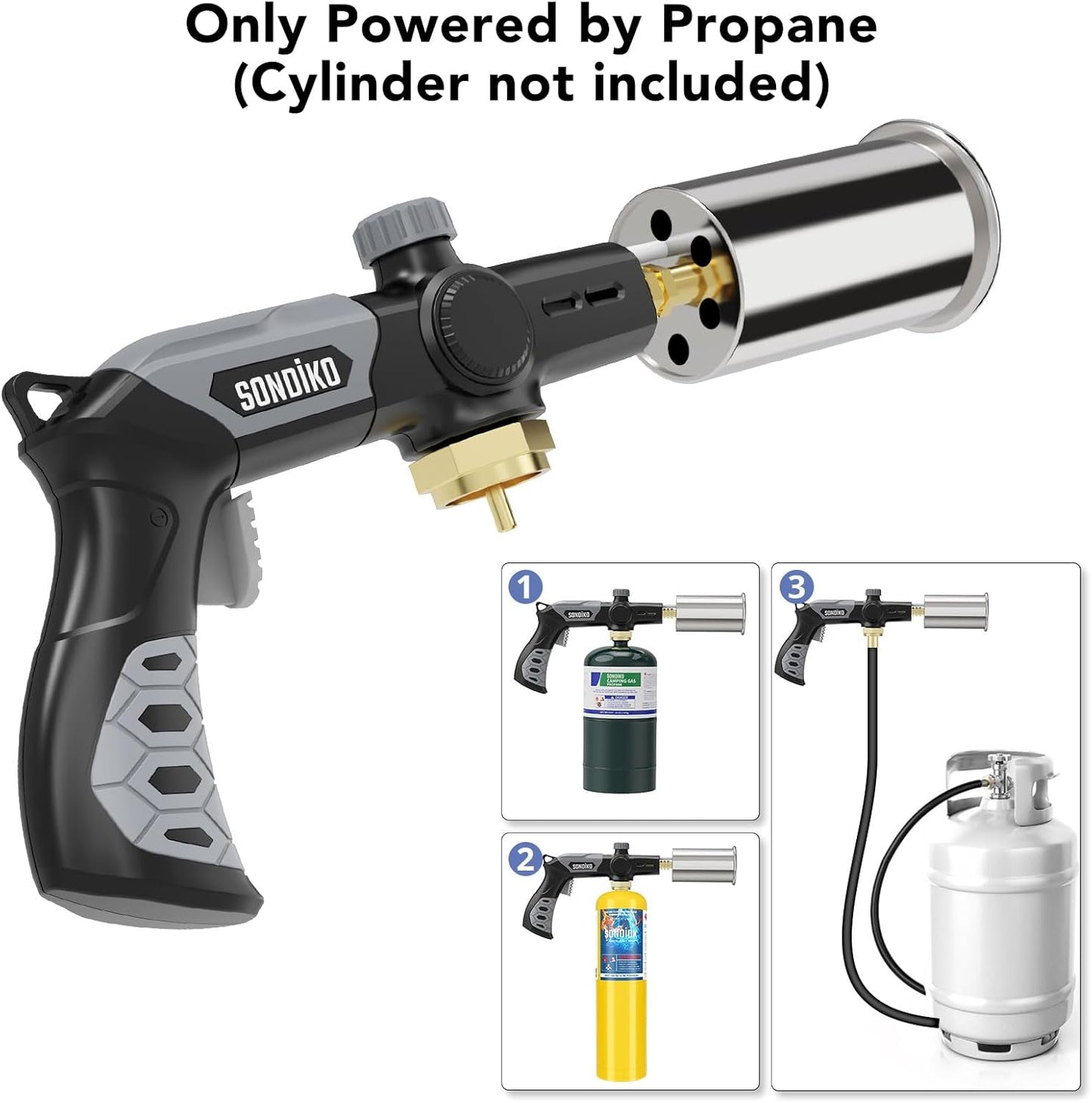 Sondiko Propane Torch - Powerful Adjustable Grill & Cooking Tool for Searing Steak | Black & Grey
