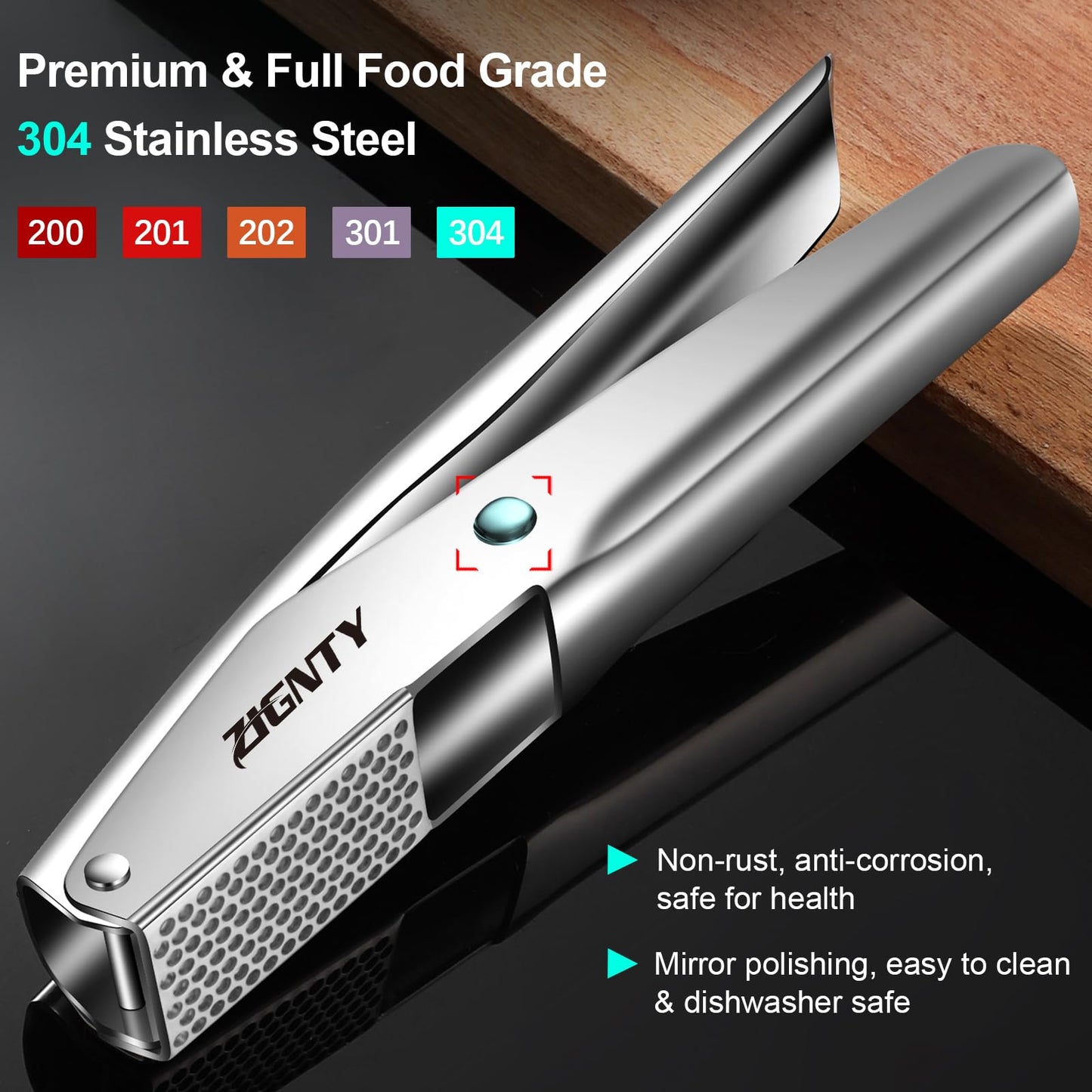 ZIGNTY Garlic Press Stainless Steel，Premium Garlic Mincer Tool，No Need to Peel Garlic Ginger Crusher & Masher Easy Squeeze Large Trough Ergonomic Handle，Rust Proof，Dishwasher Safe (5 Years Warranty)
