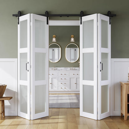 SMARTSTANDARD 72in x 84in Bifold Barn Door, Frosted Glass Barn Door with Hardware Kit Included, Pre-Drilled Holes Easy Assembly -Solid Barn Doors Slab Covered with Water-Proof PVC Surface, White