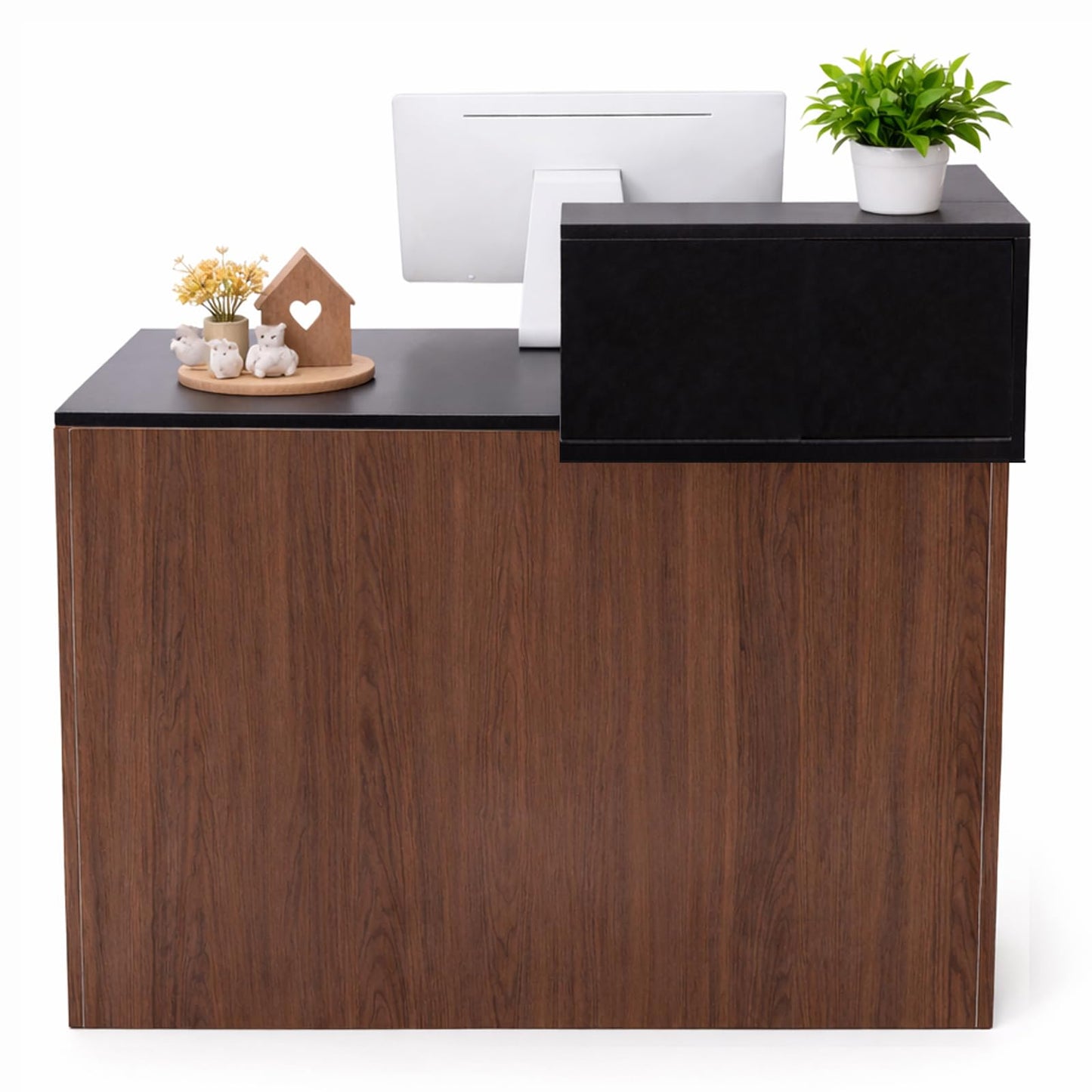 Modern Reception Desk with Storage Drawer & Counter Shelf, 39.4" Front Counter Reception Table for Office, Salon, Lobby, Retail Store (Walnut, Left Table)