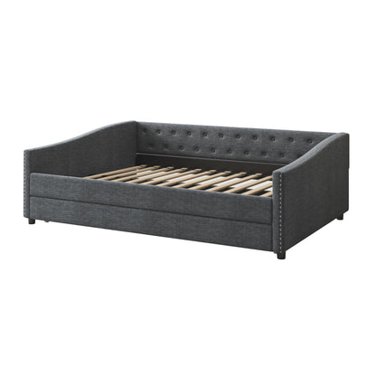 Ball & Cast Full Size Upholstered Tufted Daybed with Twin-Size Trundle, Bed Frame w/Button Tufted Back and Waved Shape Arms,for Bedroom,Guest Room,Apartment,Dark Grey