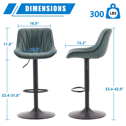 YOUNIKE Grayish Green Bar Stools Set of 2, Faux Leather Padded Counter Height Swivel Bar Chairs, Adjustable Barstools with Back for Kitchen Island, Modern Tall Sunburst-Line Series