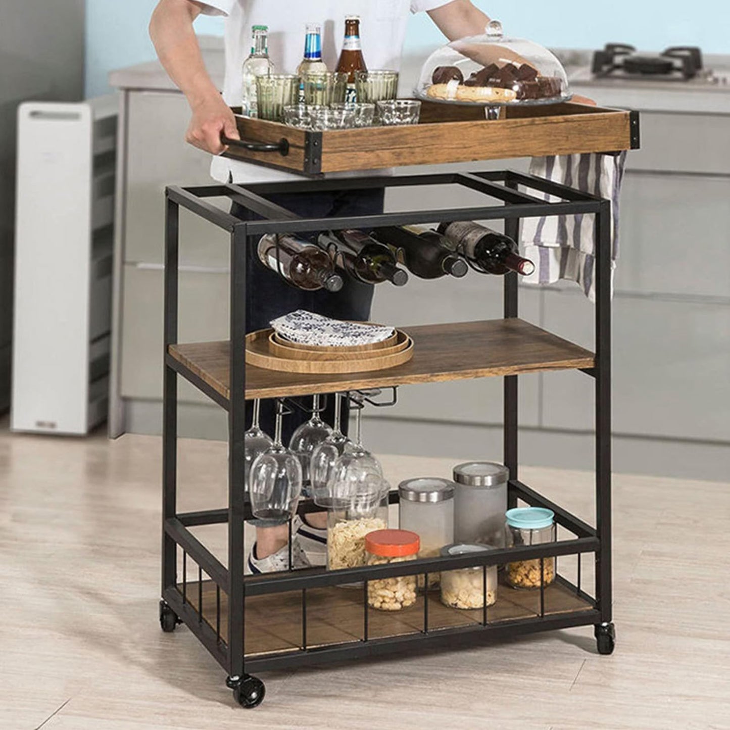 Storage Rack Serving Cart 3-Tiers Serving Trolley with Lockable Wheels & Removable Serving Tray, Rolling Bar Cart with Wine Rack & Glass Holder, for Home, Dining Room,26''Dx16''Wx35''H,Brown