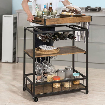 Storage Rack Serving Cart 3-Tiers Serving Trolley with Lockable Wheels & Removable Serving Tray, Rolling Bar Cart with Wine Rack & Glass Holder, for Home, Dining Room,26''Dx16''Wx35''H,Brown