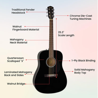 Fender CD-60S Solid Top Dreadnought Acoustic Guitar - Black Bundle with Hard Case, Tuner, Strap, Strings, Picks, and Austin Bazaar Instructional DVD