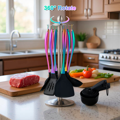 Silicone Cooking Utensils Set, 17pcs Kitchen Utensil Set with Rotatable Holder, Heat-Resistant Silicone Utensils for Cooking, Non-Stick Spatula Set with Stainless Steel Handle,Turner,Ladle (Rainbow)