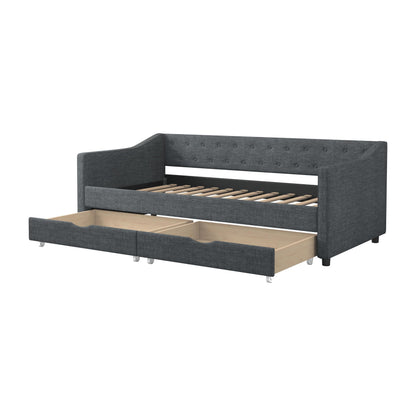 Ball & Cast Full Size Daybed with Two Storage Drawers,Linen Upholstered Day Bed Frame with Button Tufted and Waved Shape Arms, Wood Slat Support,No Box Spring Needed,Dark Grey