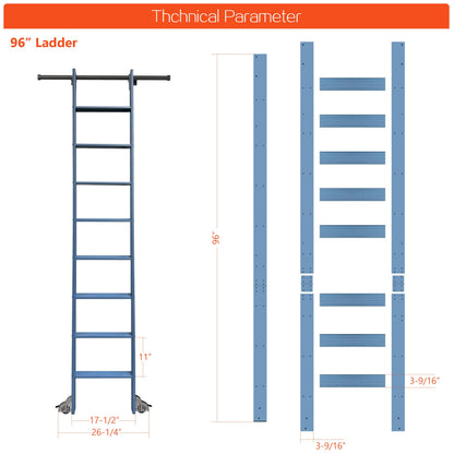 DIYHD 96" Sliding Library Ladder with 8 Steps, Telescopic Top Hook, Lightweight Rolling Ladder with Upright Space-Saving Storage, Kit with 4FT Sliding Rail, Bottom Rollers, 300lbs Capacity, Blue