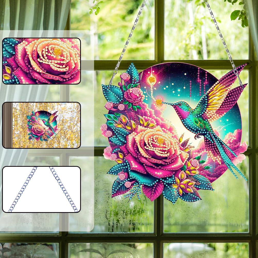 C‘eitura DIY Acrylic Hummingbird & Flower Diamond Painting Hanging Pendant Kit, 5D Special Shape Crystal Art for Home Wall Decor, Unique Gift for Women & Teens