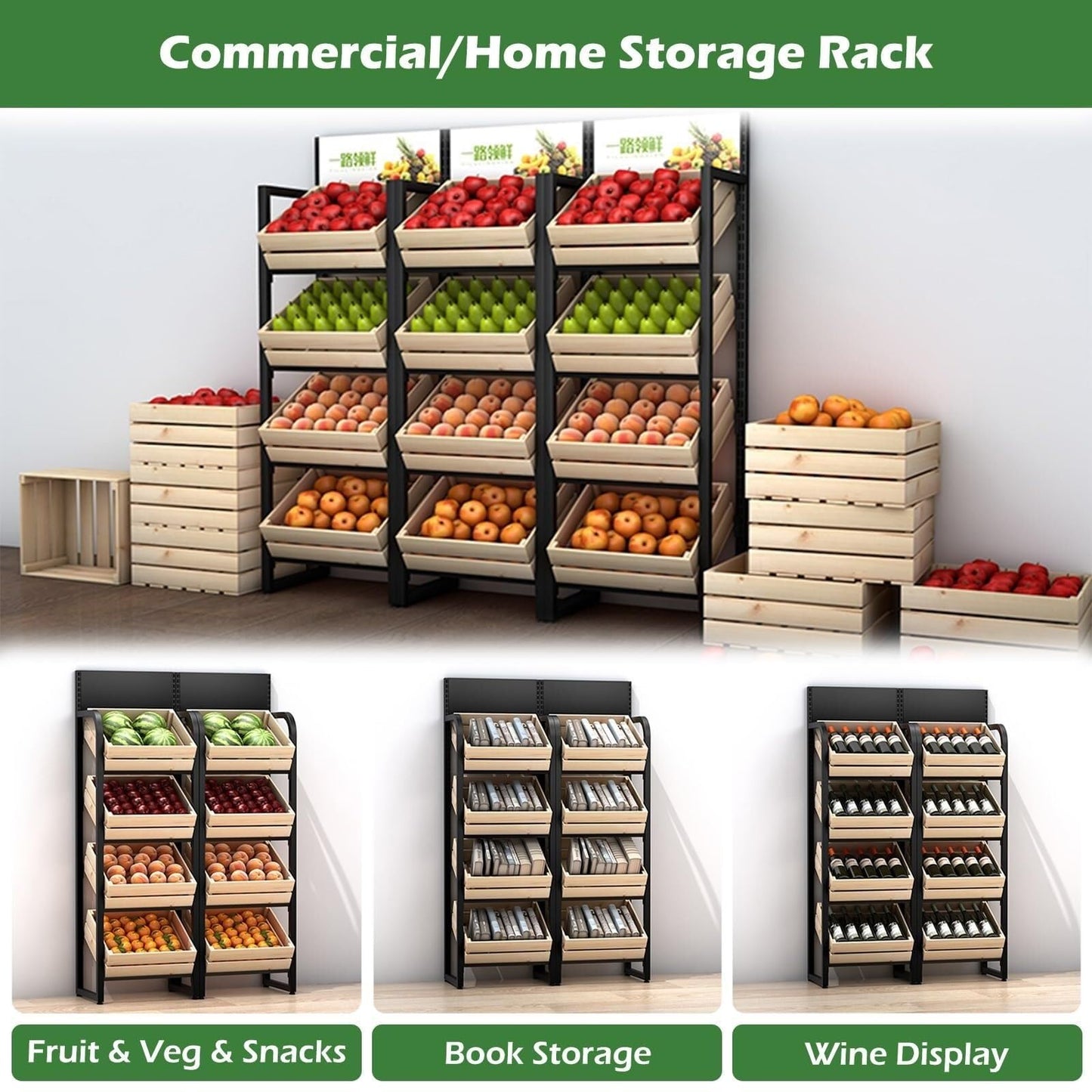 KYTGFH Commercial Supermarket Fruit Vegetable Shelf, Large Capacity Retail Snack Rack Display with Wood Baskets for Kitchen Storage.4 Tier,White Rack+Wooden Box