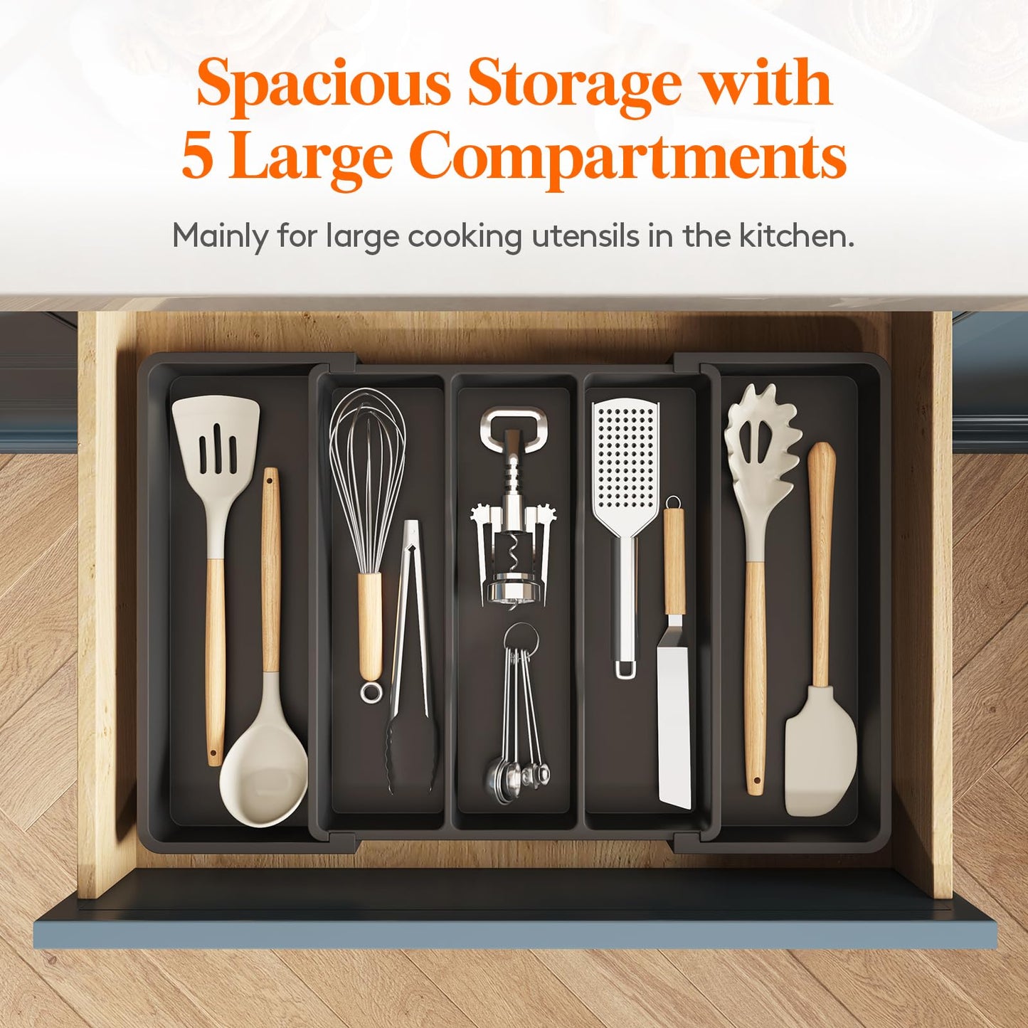 Lifewit Utensil Organizer for Kitchen Drawers, Expandable Cooking Utensil Tray, Adjustable Cutlery Silverware Flatware Holder, Plastic Spatula Tools Storage Divider, 13-22 x 15", Black