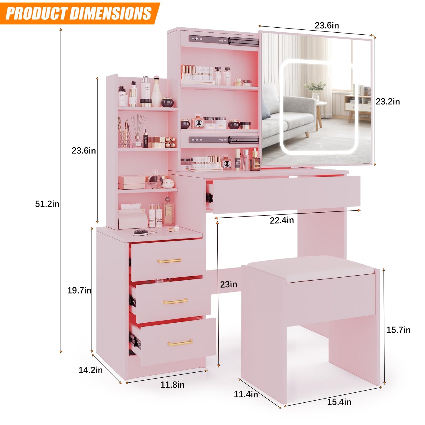 GarveeHome Vanity Desk with Sliding Mirror and Lights, Makeup Vanity Set with 4 Drawers, Stool, Power Outlet, Open Shelves, 3 Color Adjustable Lighting Modes, Makeup Dressing Table for Bedroom, Pink