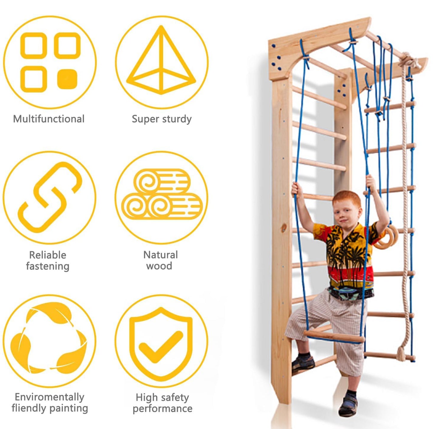 Wooden Swedish Ladder - Stall Bars Set for Physical Therapy & Gymnastics with Swing Set and Fixed Pull-up bar - Sport Complex (KN-2)