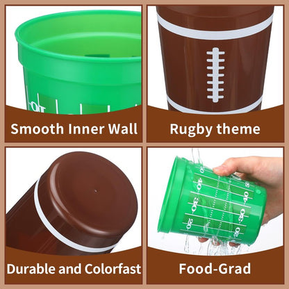 Tioncy 24 Pack Football Plastic Cups 16 oz Football Theme Reusable Cups 4 Designs Plastic Drinking Glass Bulk Assorted Sports Rugby Party Supply Drinkware for Coffee Beer Cream Snacks