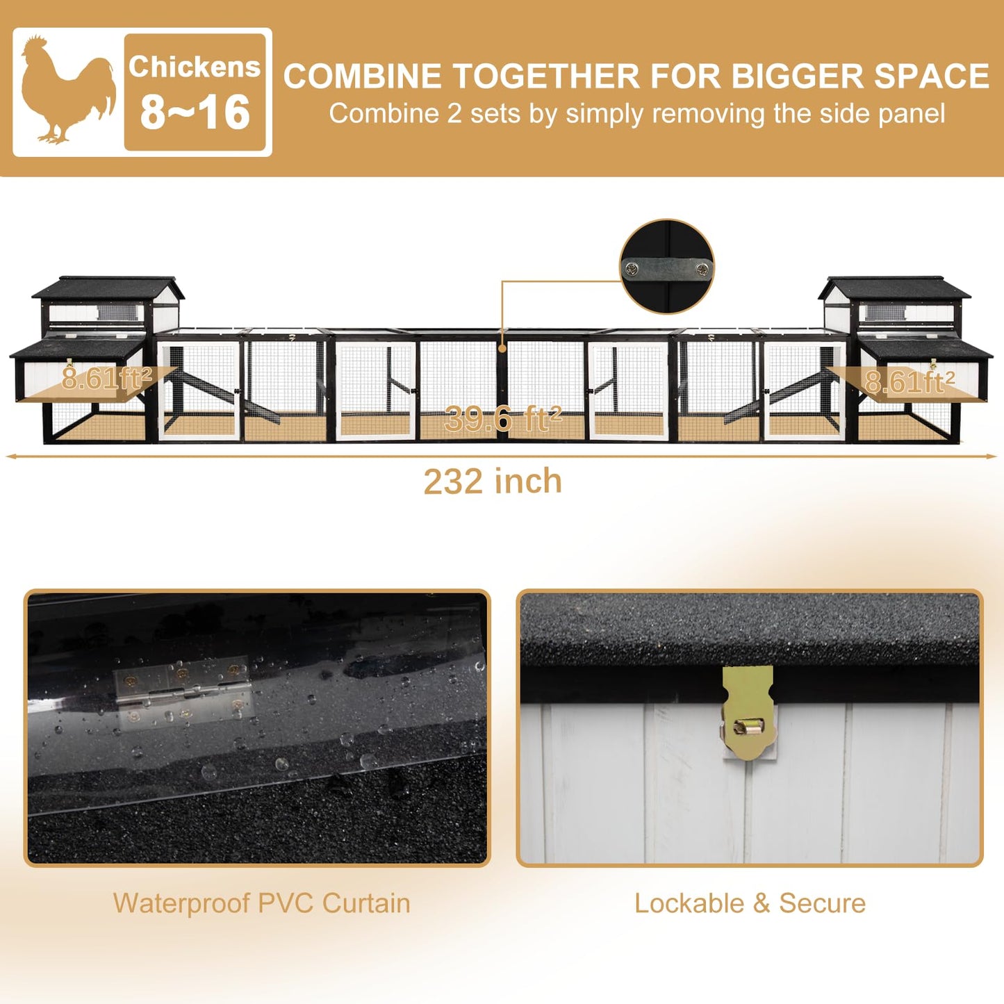 PetsCosset 116" L Large Chicken Coop and Run, Hen House with 4 Nesting Box Boxes, Rabbit Hutch Poultry Bunny Cage for 4-6 Chickens with 4 Perches, Removable Tray and Ramp and UV-Resistant Roof Panel