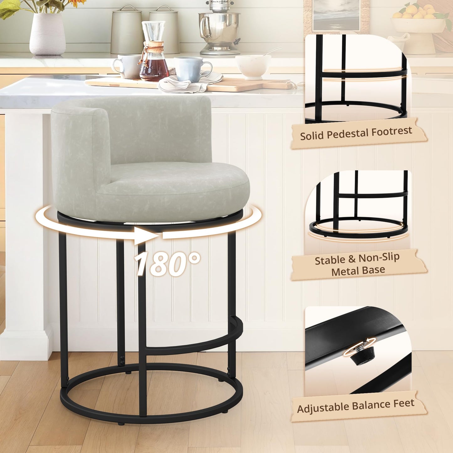 LUE BONA 26.8" Counter Height Bar Stools Set of 3, 180° Swivel Bar Stools, Modern Barrel Counter Stools with Metal Frame, Faux Leather Upholstered Barstools for Kitchen Island, Light Beige Gray