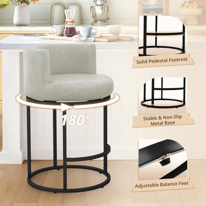 LUE BONA 26.8" Counter Height Bar Stools Set of 3, 180° Swivel Bar Stools, Modern Barrel Counter Stools with Metal Frame, Faux Leather Upholstered Barstools for Kitchen Island, Light Beige Gray