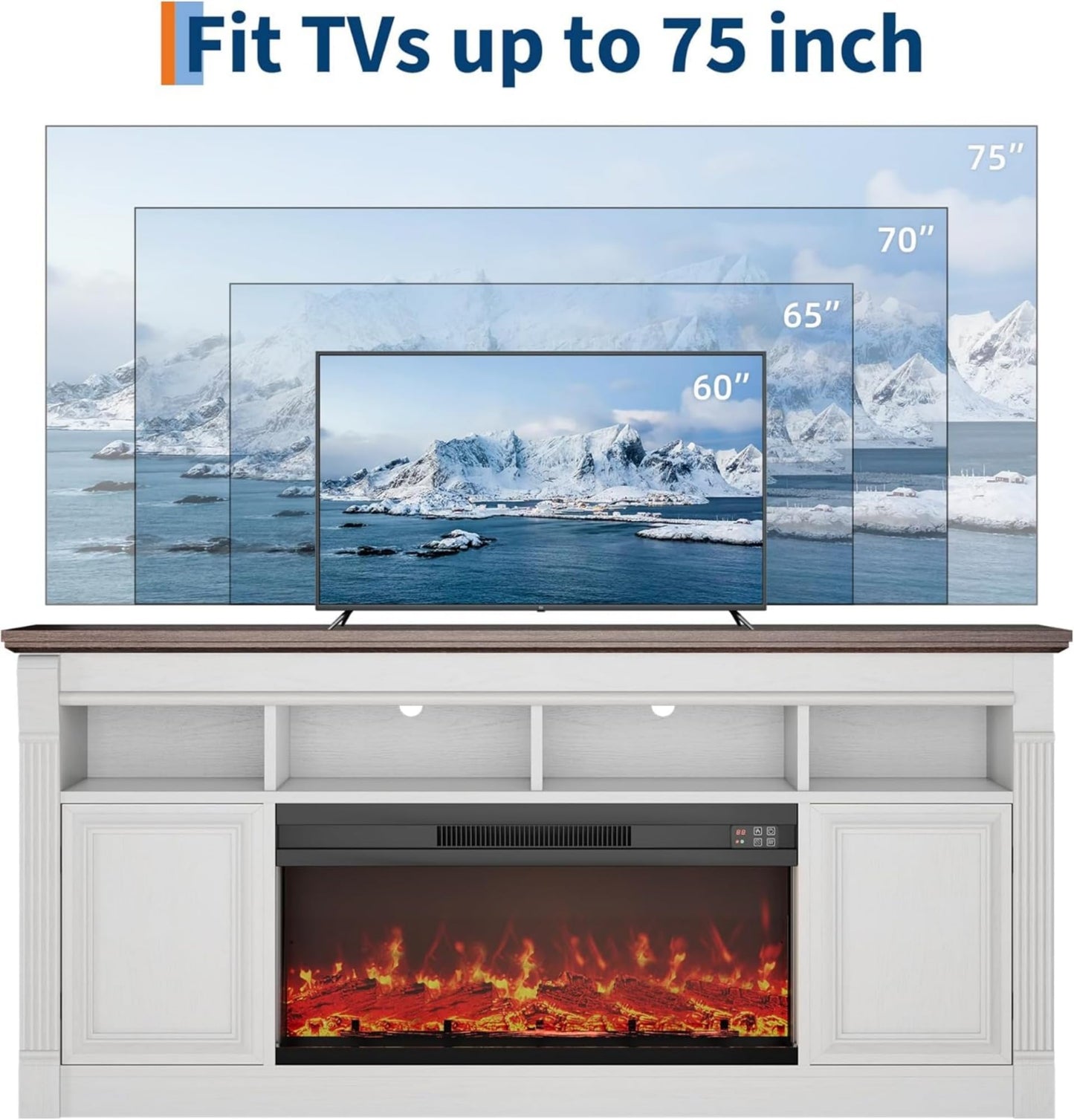 GarveeLife 68" Fireplace TV Stand for TVs Up to 75", Entertainment Center with 36'' Corded Electric Fireplace, Remote Controlled Realistic 3D Flame, Console Table with Storage Shelves, White & Brown