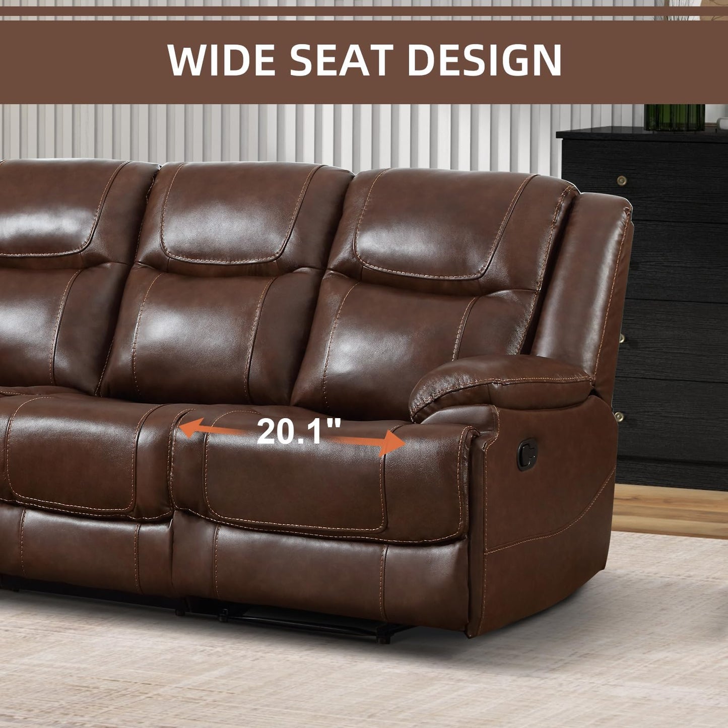 EBELLO Genuine Leather Manual Recliner Sofa Set, 1 Seat Reclining Chair, a Loveseat, a 3 Seater Sofa with Storage Cup Holders, Modern Durable Home Furniture Set for Living Room, Vintage Brown