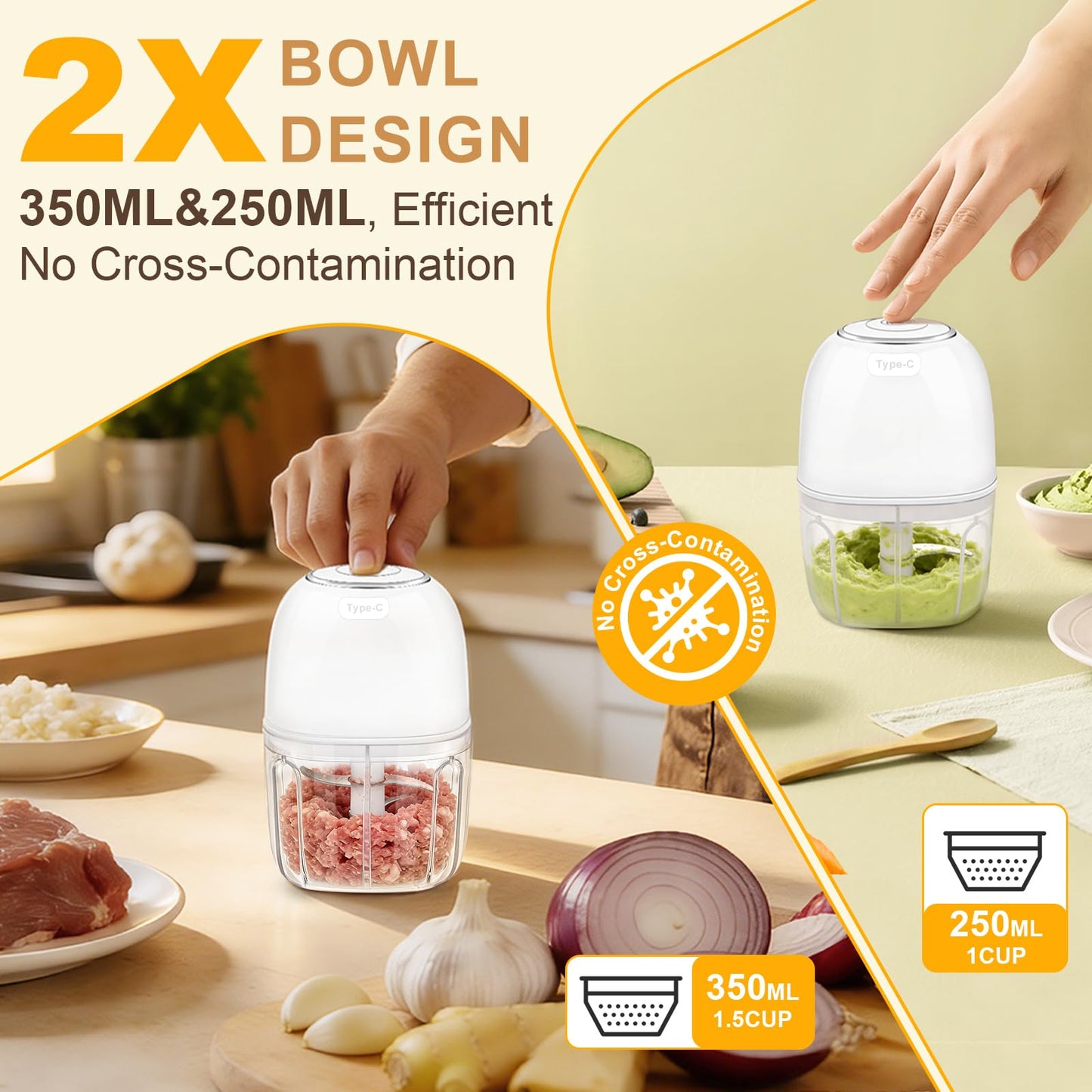 Electric Mini Garlic Chopper 2 Bowls(350ML/1.5Cup&250ML/1Cup) Cordless Mini Food Processor【Up-Durable Motor】【2 Sets 304 Stainless Steel Blades】Grind for Garlic,Onion,Meat,Baby Food,BPA Free (White)