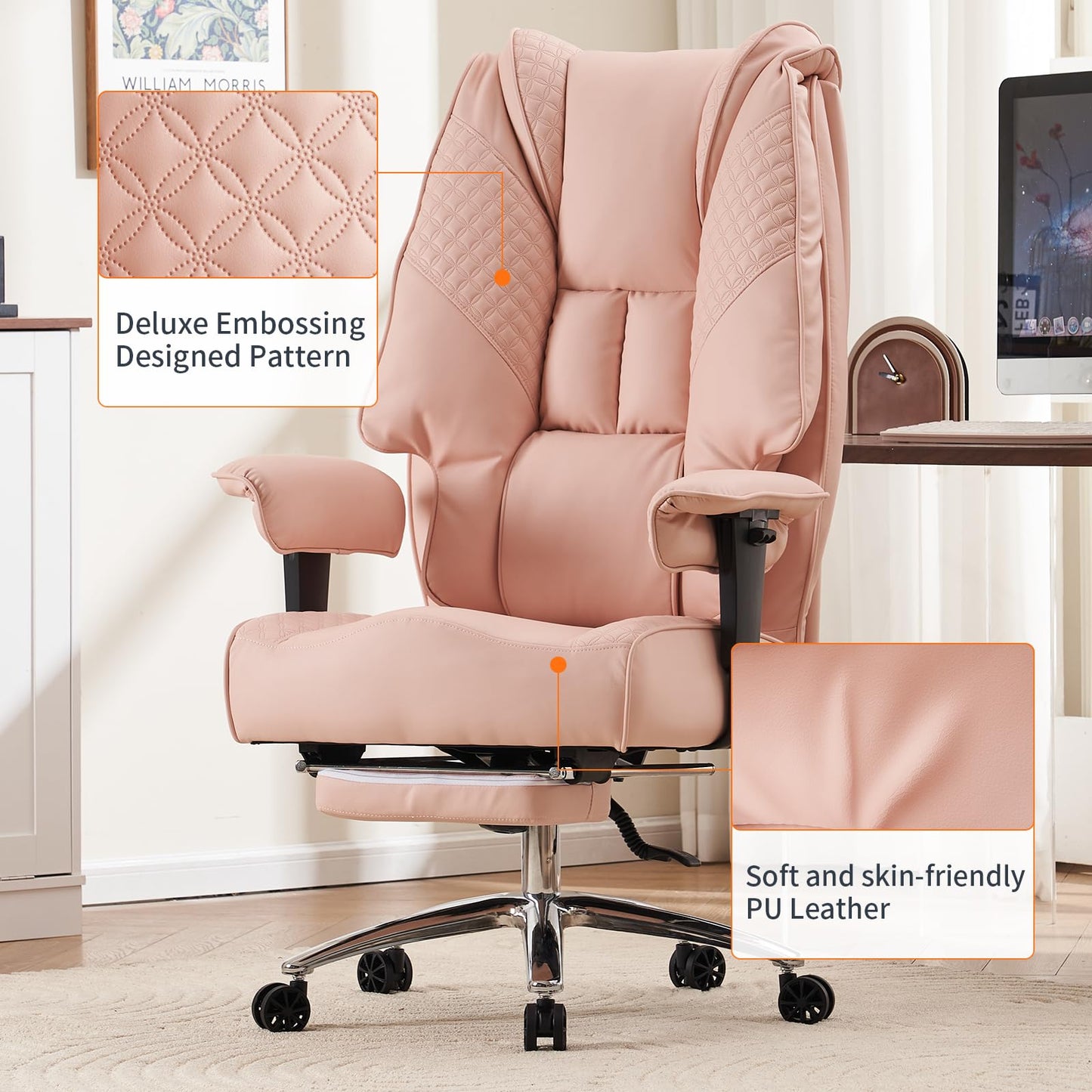 EXCEBET Big and Tall Office Chair 400lbs Wide Seat, Leather High Back Executive Office Chair with Foot Rest, Ergonomic Chairs Lumbar Support for Lower Back Pain Relief (Light Pink)