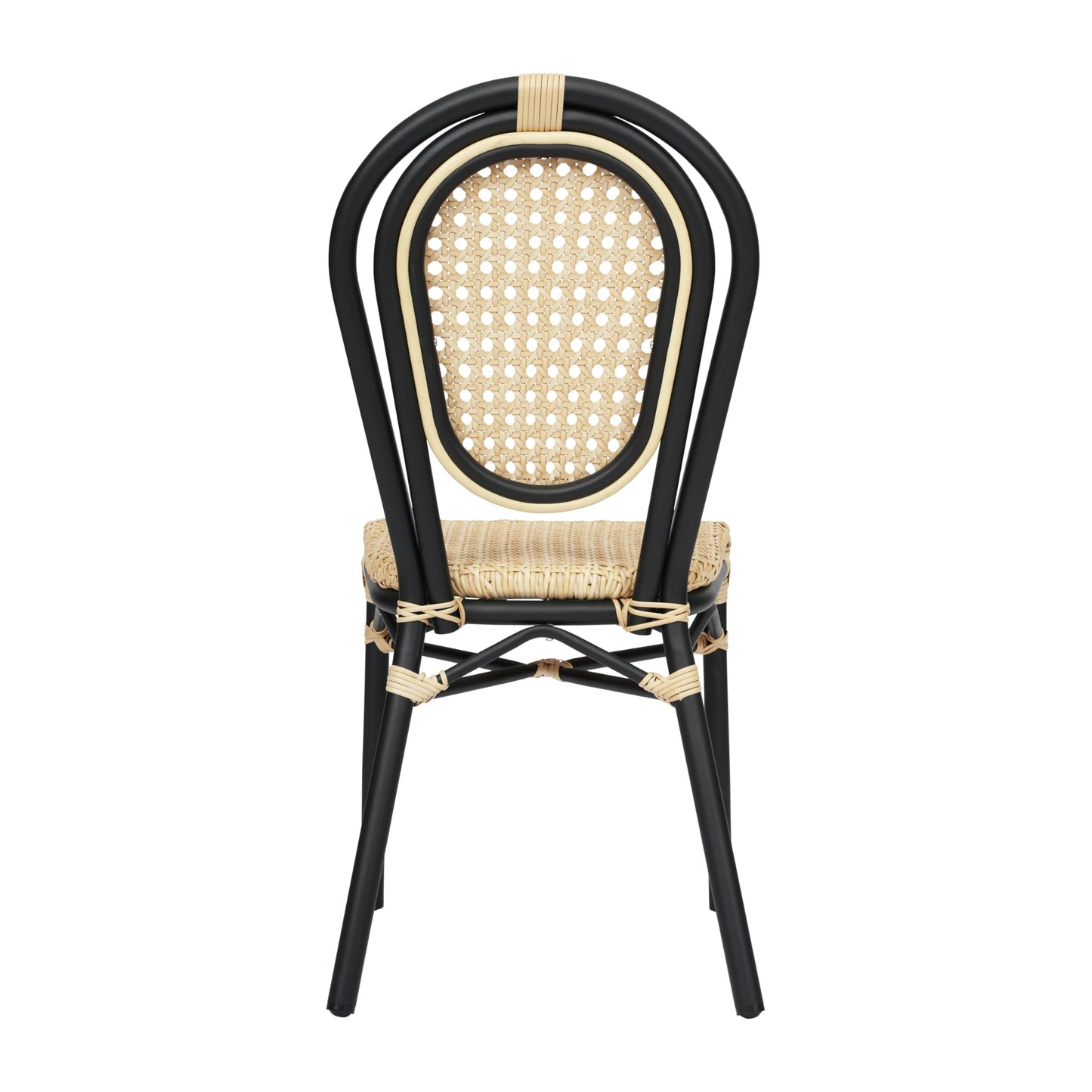 Flash Furniture Cannes Indoor/Outdoor Commercial Thonet Bistro Stack Chair - Natural PE Cane Rattan Back and Seat - Black Metal Frame - Set of 2