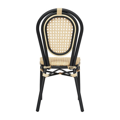 Flash Furniture Cannes Indoor/Outdoor Commercial Thonet Bistro Stack Chair - Natural PE Cane Rattan Back and Seat - Black Metal Frame - Set of 2