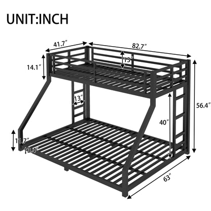 KEIKI Twin XL Over Queen Bunk Bed Metal Frame, Heavy Duty Bunk Bed with Ladder & Safety Guardrail, Noise Free, No Box Spring Needed, Space Saving Bed for Teens & Adults, Black