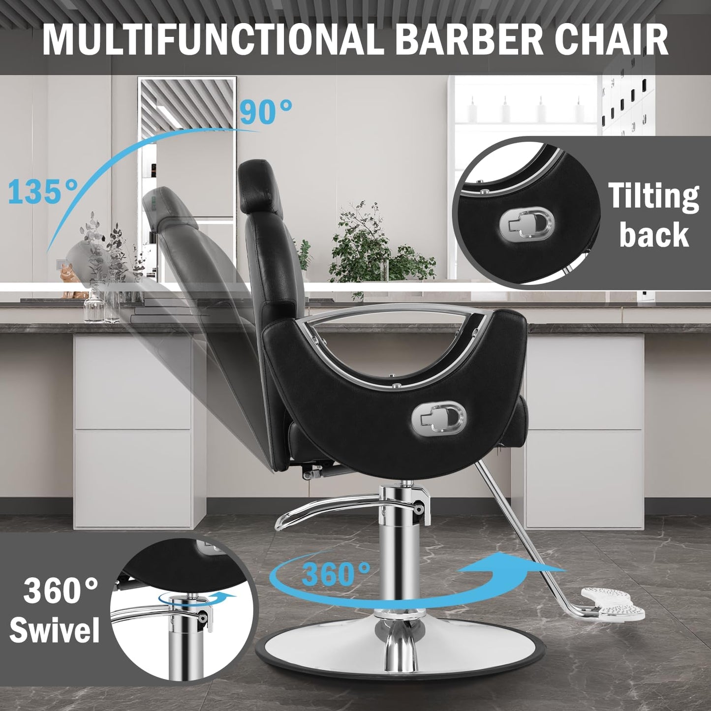 Tythical Salon Chair for Hair Stylist, Reclining Barber Salon Chair with Heavy Duty Hydraulic Pump, 360 Swivel Styling Braiding Hairdresser Chairs for Home Barbershop, Black Sliver